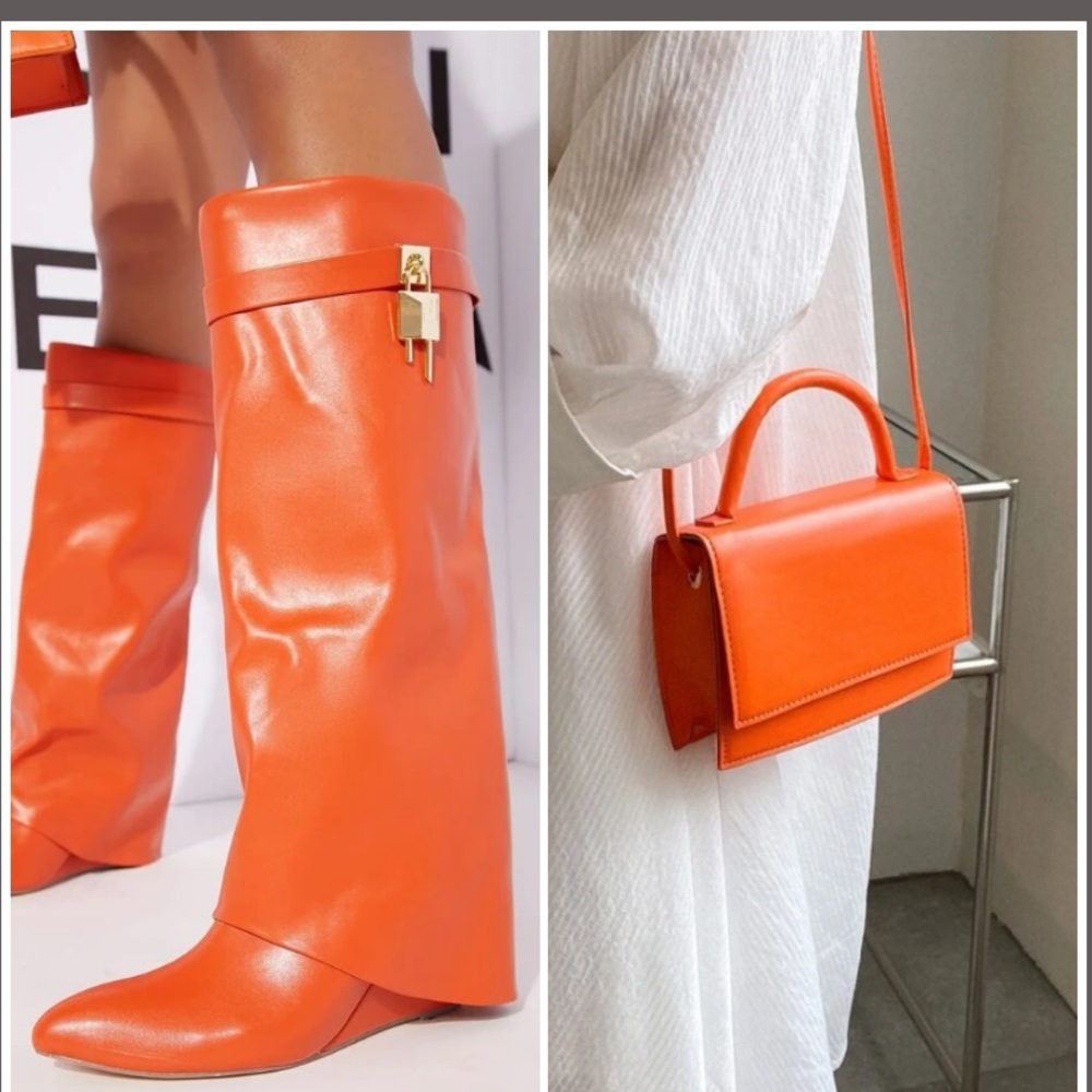 Vegan leather,  knee high chunky heeled boots. Gold hardware